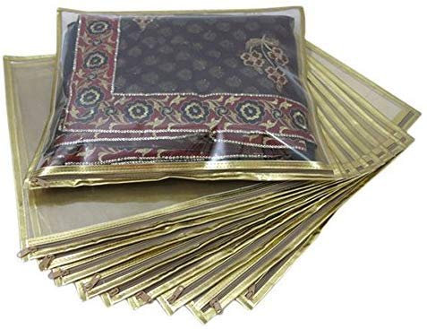 KANUSHI Set of 10 Pc Transparent Saree Covers/Saree Bags/Storage Bags/Clothes Covers with Stainless Steel Zip Lock Combo (Suitable for Single Saree Pack) (Golden), 14x17