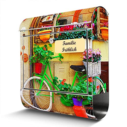 banjado® Briefkasten Edelstahl personalisiert mit Motiv Grünes Fahrrad 38x43x12cm & 2 Schlüssel - rostfreier Edelstahl Briefkasten mit Zeitungsfach - Postkasten A4 Einwurf inkl. Montagematerial