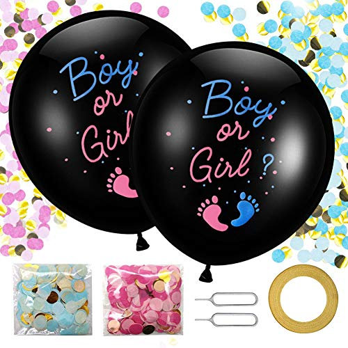 Gender Reveal Ballons 36 Zoll, 2 Stück XXL große Schwarz Baby Boy or Girl Latex Luftballons Geschlechtsballon mit Rosa Blau Konfetti Nadel Band für Babyparty Geschlecht Offenbaren Party Dekoration