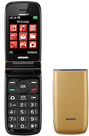Brondi Magnum 4 Telefono Cellulare Maxi Display, Tastiera Fisica Retroilluminata, Dual Sim, 1.3 MP, Li-ion 800 mAh, Flip Attivo, Gold