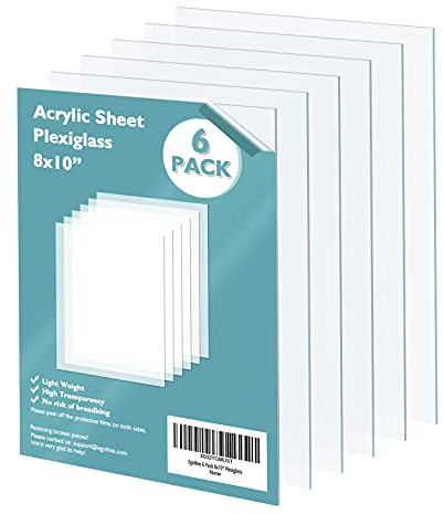 Egofine Plexiglass Sheets Acrylic Sheets 6 Pack of 8x10’’ 0.04 Thick Clear Plastic Cast Transparent Plexi Glass for Crafting Projects, Replacement Picture Frame Glass, DIY Display, Easy to Cut