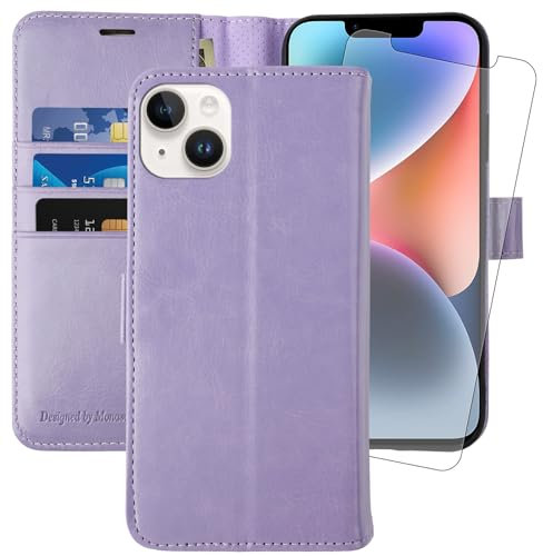 MONASAY Wallet Case for iPhone 14/15 Plus 5G,6.7-inch[Glass Screen Protector Included] [RFID Blocking] Flip Folio Leather Cell Phone Cover with Credit Card Holder for Apple iPhone 14/15 Plus,Lavenders