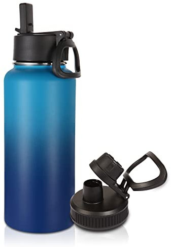Volhoply 1 Litre Water Bottle with Straw Lid & Spout Lid,Insulated Sports Water Bottle,Double Wall Vacuum Stainless Steel Tumbler,Leak Proof Wide Mouth Metal Flask,Keeps Cold or Hot(Green Blue,1)