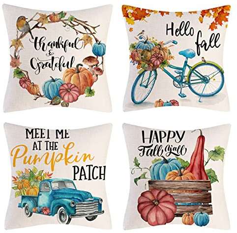 OCEUMACO Leinen Kissenbezug 45x45 Herbst Kissenhülle 4er Set Quadratisch Dekokissen Sofakissen Bezug für Couch Happy Fall Türkis Orange Kürbis Kissen Kissenbezüge Deko Zierkissen Couchkissen