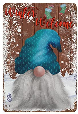lutieger Winter Welcome Merry Christmas Cartello in alluminio con gnomi invernali con fiocco di neve Targa in metallo Cartello per patio Cartello divertente vintage garage metallo accessori grotta