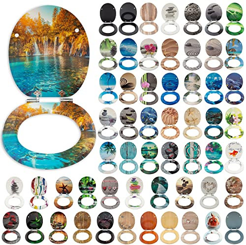 SG Traders® Toilet Seat with Soft Close - Wooden Toilet Seat Cover with Zinc Alloy Hinges, Comfortable Toilet Seat Covers with Colorful Designs Easy to Install, Assembly (Autumn Lake)