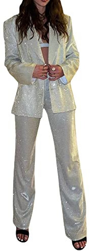 FeMereina 2-teiliges Damen-Trainingsanzug mit Glitzer-Pailletten, langärmelig, Blazer, Tops, glitzernd, lässig, weite lange Hose, glitzernder Sweatanzug, Clubwear, Top, L