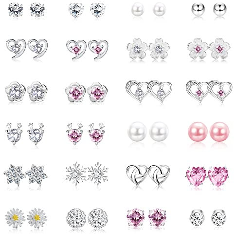 MILACOLATO 24 Paar Ohrringe Silber 925 Ohrstecker Silber Set Silber Ohrringe Damen Cubic Zirkonia Perle Kristall Runde Herzform CZ Blume Schmuck Für Frauen Mädchen