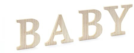 PartyDeco Tischaufsteller Baby Holzschrift 4tlg Holzbuchstaben Deko stehend Baby Shower Zimmer Deko/Holzaufschrift Baby, 16.5-21.5x19.5 cm