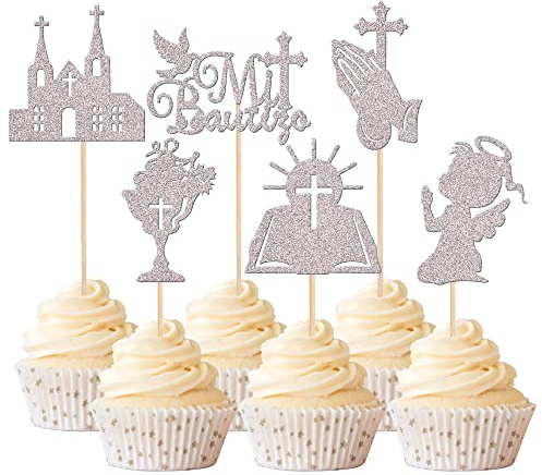 Xsstarmi 24 Pack Mi Bautizo God Bless Cupcake Toppers Glitter Church Dove Cross Cupcake Picks Christian Girl Baptism Cake Decorations for Religious God Bless Baby Shower Kids Birthday Party Silver