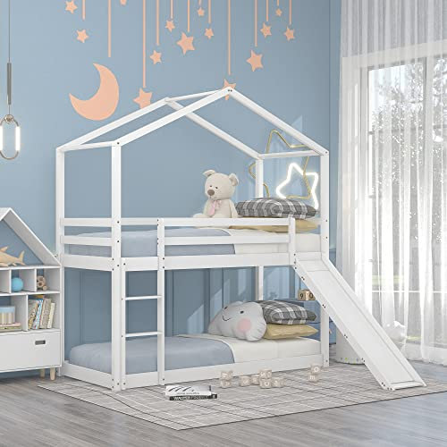 kubeier Litera de 90 x 200 cm con tobogán, Cama Baja de Pino Macizo con somier de láminas, Cuna con protección contra caídas y Barrera, Cuna en Forma de casa para niños y niñas,White
