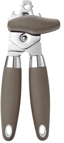 TJ POP Ouvre-boîte manuel multifonction robuste en acier inoxydable durable, roue de coupe super tranchante pour bord lisse, bouton à tourner facilement, avec décapsuleur, marron clair
