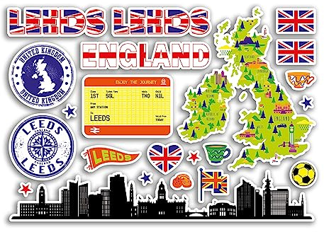 A5 Sticker Sheet Leeds Landmarks Vinyl Stickers - Rainbow Stamps Skyline Flag Map Travel Holiday City UK GB England Aesthetic #80573