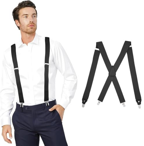 VBKITW Bretelles Homme Larges Réglable 4 Clips, Bretelles Extra Larges en X pour Hommes avec Pinces Noires et Tissu Épais