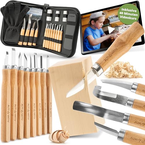 ALTIVATIV - Schnitzwerkzeug - Schnitzset Kinder (18-teilig) - INKL. VIDEOKURS - Holzschnitzwerkzeug Set mit Handschuhe, Schleifset & Tasche zur Aufbewahrung