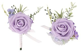 Yelinart Ensemble de Corsage et boutonnière Lilas Violet pour Mariage, Bal de Fin d'année, Retour à la Maison, Roses artificielles pour Hommes, mariés, garçons d'honneur, Demoiselles d'honneur