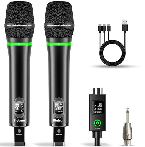 Bietrun XLR Wireless Microphone, Rechargeable Dual Metal Cordless Handheld Dynamic Mics for Mixer, Audio Interface, PA Amplifier System, Church, Singing, Karaoke(UHF 240FT Range)(with 6.35 Adapter)