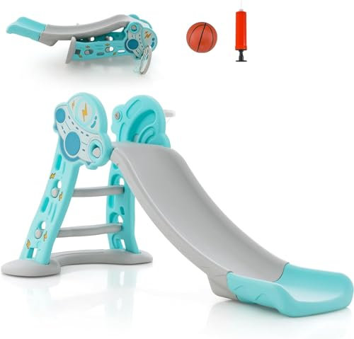 DREAMADE Toboggan Multifonctionnel 3 en 1 pour Enfants avec Panier de Basketball & Petit Ballon, Toboggan Pliable pour Enfants18-48 Mois avec Zone Tampon de Sécurité, Utilisation Intérieure (Bleu)