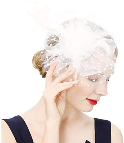 Jovono Anni '20Fasce per Capelli con Piume di Fiori Velo di Pizzo Fascinator Cappello da Sposa Cocktail Tea Party Copricapo per Le Donne (Bianco)