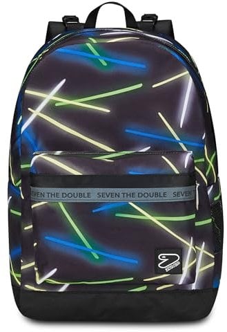 Seven Zaino Scuola Reversibile The Double, Nero Blu, Sideglass, 2 in 1, Zaino Mono Scomparto Con Auricolari Earphones Wireless Led, Tasca Porta Borraccia e Markers, Zaino Medie e Superiori, Ragazzo