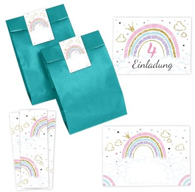 Minkocards 12 Einladungskarten zum 4. Kindergeburtstag Mädchen Regenbogen Einladung vierte Mädchengeburtstag incl. 12 Umschläge, 12 Partytüten/petrol, 12 Aufkleber, 12 Lesezeichen