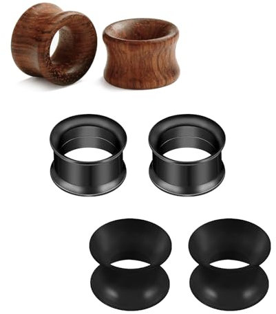 Rajnard Edelstahl Silikon Holz Tunnel Set 16mm Extra Weich und Flexibel Flesh Tunnel Ohr Plug Expander Hider Piercing Schmuck für Frauen und Männer Schwarz Holz