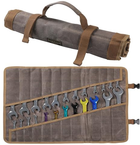 Tool Roll Bag with 24 Pockets, Heavy Duty 16oz Waxed Canvas Tool Pouches with Buckle, Wrench Roll Organizer Metric & SAE - Tool not Included