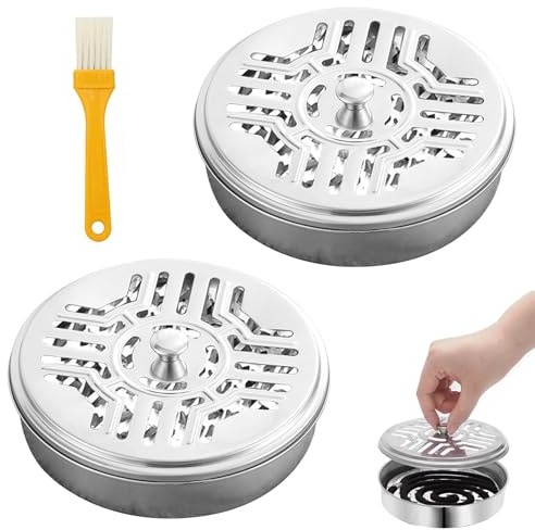 Lot de 2 supports en acier inoxydable pour spirales anti-moustiques - Portable - Avec 4 brosses - Support pour bobine de moustique - Support pour bobines de moustiques - Récipient pour spirales à