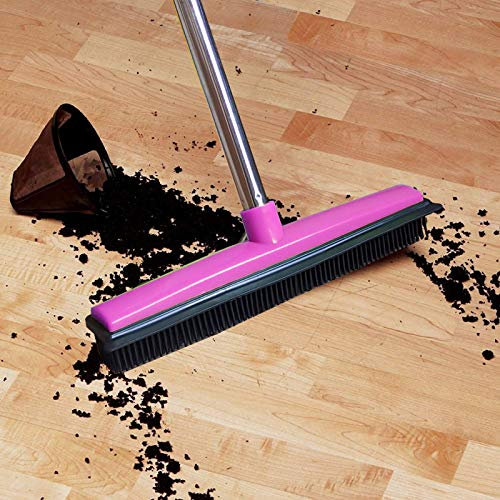 Rubber Broom for Carpet, Carpet Brush with Squeegee Pet Hair Removal Broom with Squeegee for Floor, Carpet Broom for Dog and Cat Hair, Carpet Rake for Pet Hair Removal (Pink)