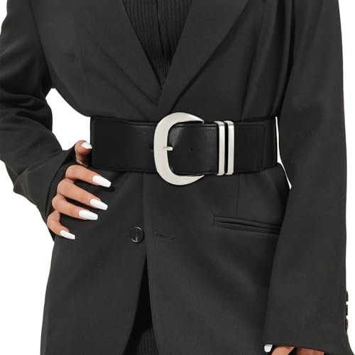 JasGood Damen Breiter Gürtel Elastischer Taillengürtel für Kleider Stretchy Gürtel Hüftgürtel Silberner Schnalle Gürtel für Damen,Schwarz,110cm