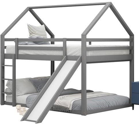 Cama doble, cama infantil, litera, con escalera y tobogán, para habitación infantil, cama alta y doble litera (gris, 140 x 200 cm)