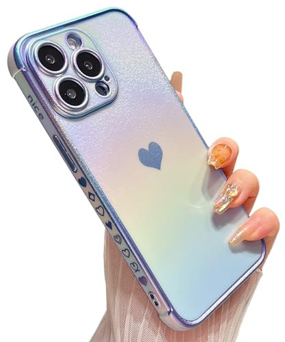 ZTOFERA Compatible with iPhone 13 Pro Max (6.7) Case for Girls Women, Luxury Fluorescent Iridescent Matte Silicone Case with Cute Heart Pattern Plated Rim Shockproof Cover, Iridescent Sierra Blue