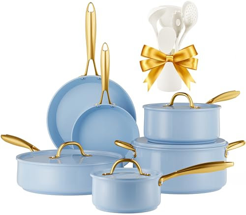 RIOVARM Non Stick Pot and Pan Set with Lids, Ceramic Cookware Set for Induction Hob, Non Toxic Frying Pans, PFOA Free Sauce Pans, Casserole with Spatulas, Saute Pan Suitable for All Stoves