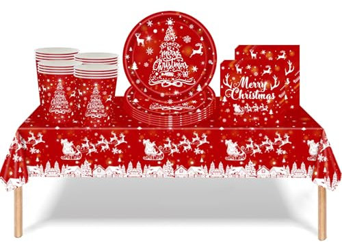 Lot de 73 décorations de table en plastique avec traîneau de Noël, gobelets en papier, serviettes, assiettes, nappe de table pour fête de Noël, décoration de table rouge