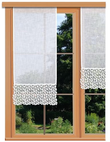 Flächenvorhang Carmelita mit Vogtländischer Spitze weiß | Landhaus-Flächengardine in Käseleinenoptik | Schiebepaneele mit moderner Stickerei handgefertigt | Schiebegardine Höhe x Breite 80 x 40 cm