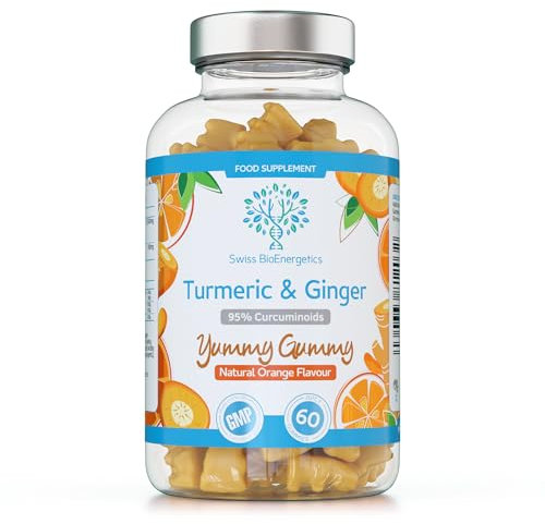 Turmeric Curcumin Gummies with Ginger - 60 Natural Orange Flavour Juicy Yummy Gummies – with a Huge 95% curcuminoids, Vegan & Gelatin Free – 30 Day Supply for Men, Women & Children – Made in The UK