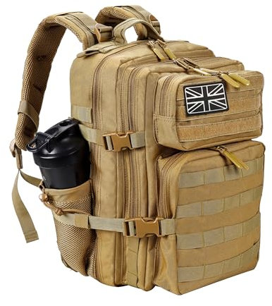 LHI Tactical Military Backpack for Men and Women 35L Army Assault Pack Bag Small Rucksack with Bottle Holder - Khaki