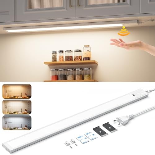 Lureshine Unterbauleuchte Küche LED Dimmbar, 55CM Hell Lichtleiste mit Berührungsloser Sensor,3 Farbtemperatur Küchenlicht, Ultra Dünn Unterschrank Beleuchtung Küche für Schrank,Regale,Werkbank, 900LM
