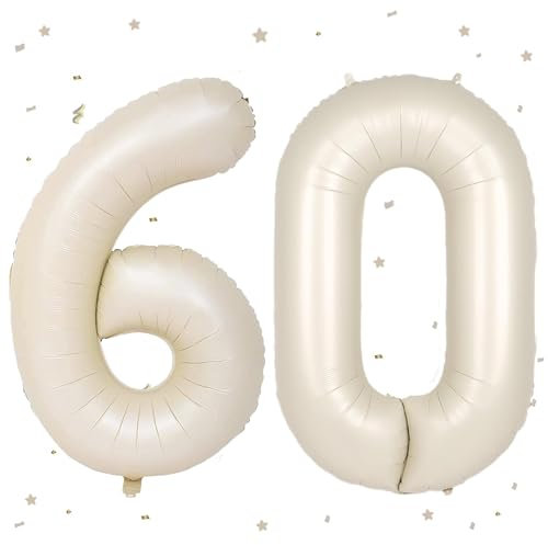 UDRKFOPK Beige Luftballon 60,Zahlen Luftballon Beige,40 Zoll Creme Weiß Folienballon 60,Beige Zahlenballon 60 Helium Ballon Luftballon 60 Geburtstag für Geburtstagsdeko Frau Mann Jubiläum Party Deko