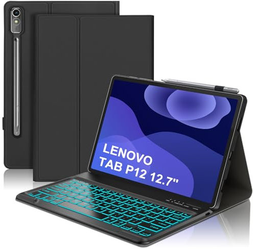 SENGBIRCH Keyboard Case for Lenovo Tab P12 12.7 2023 - UK Layout 7 Colors Backlit Wireless Bluetooth Detachable Keyboard for Lenovo Tab P12 12.7 (TB371FC), Black