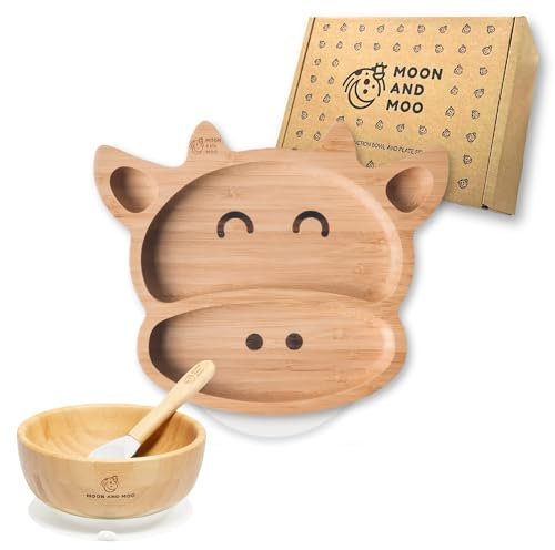 Moon and Moo Bambus-Saugnapf mit Kuh-Teller und Schale, perfektes Baby-Geschenk, umweltfreundliches Entwöhnungsset mit leistungsstarkem Silikon-Saugnapf, geteilter Portionsteller (weiß)