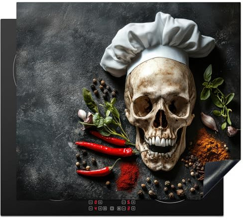 KitchenYeah© Herdabdeckplatte 60x52 cm Induktion Schutzmatte Küche Herdabdeckung Ceranfeld Induktionsmatte Cerankochfeld Abdeckung Skelett - Kräuter - Schädel - Koch