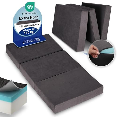 Beautissu Premium XL Klappmatratze 100x200cm Gästebett faltbar inkl. Tasche – extra dick Visco-Matratze hoher Schlafkomfort – waschbar Gästematratze klappbar einfacher Transport – Anthrazit
