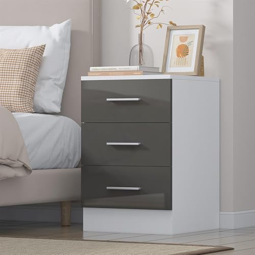 Reflect 3 Drawer Bedside Table | Grey Gloss & Matt White | Modern Nightstand for Bedroom Storage | H: 59.5cm x W: 39.5cm x D: 38cm