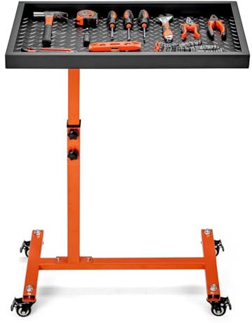OLBRUS Verstellbarer Arbeitstisch mit Rollen, Werkzeugtablett für Garage, Reparaturwerkstätten, Heimwerker, 100 kg Kapazität, mobiler, robuster Werkzeugwagen aus Stahl (orange)