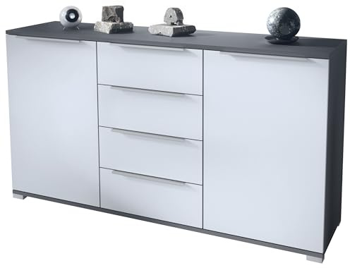 Vladon Sideboard Linio V1, Anrichte mit 2 Türen und 4 Schubladen, Anthrazit matt/Weiß matt (138,5 x 75,5 x 35 cm)