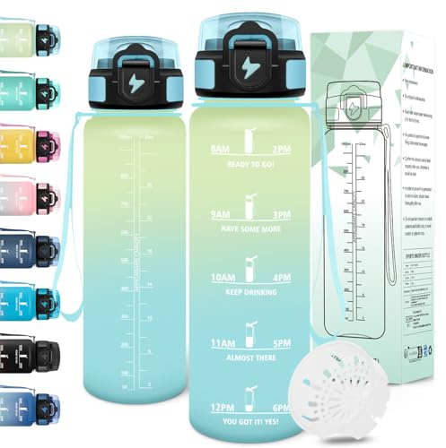 Motswedi Botella agua 1 litro, Reutilizable, Cantimplora, a Prueba de Fugas, Botella agua Gimnasio, con Marcador de Tiempo, botellas Gympara Deportes, Gym, Yoga, Oficina, Blanquecino Azul Claro