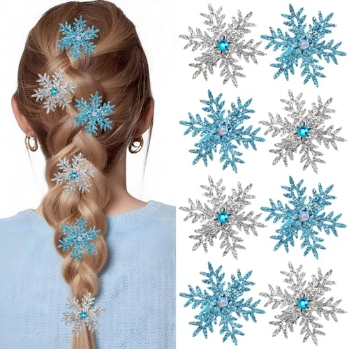 FrostyFlair Haarschmuck, 8 Stück Glitzernde Schneeflocken Haarspangen mit Glänzendem Strass, Weihnachts Haarschmuck für Frauen & Mädchen, Blau und Silber
