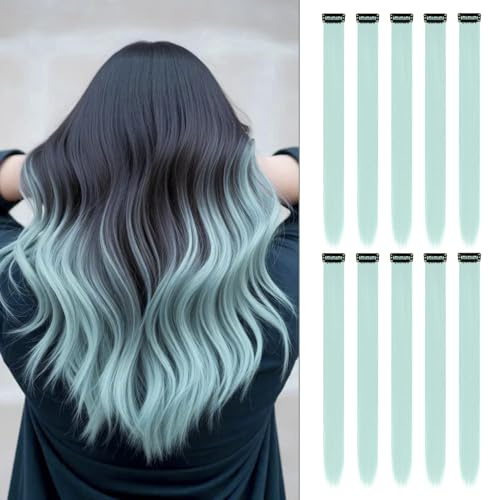 10 Stück Türkise Haarverlängerungen | 55 cm Clip-In Haarverlängerungen | Farbige Glatte Lange Haarteile Clip-In aus Synthetischem Haar für Kinder, Frauen, Alltag, Party, Weihnachten