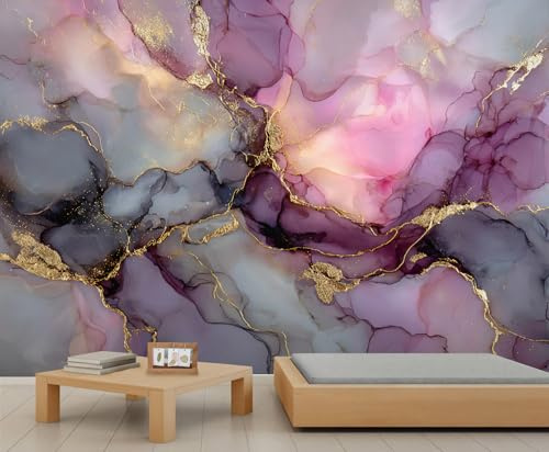 YEMYOR Marble Mural Wallpaper Pink Purple Marble Wallpaper for Living Room Bedroom Abstract Gold Line Crack Wall Mural for Kitchen Restaurant Office-100x100cm